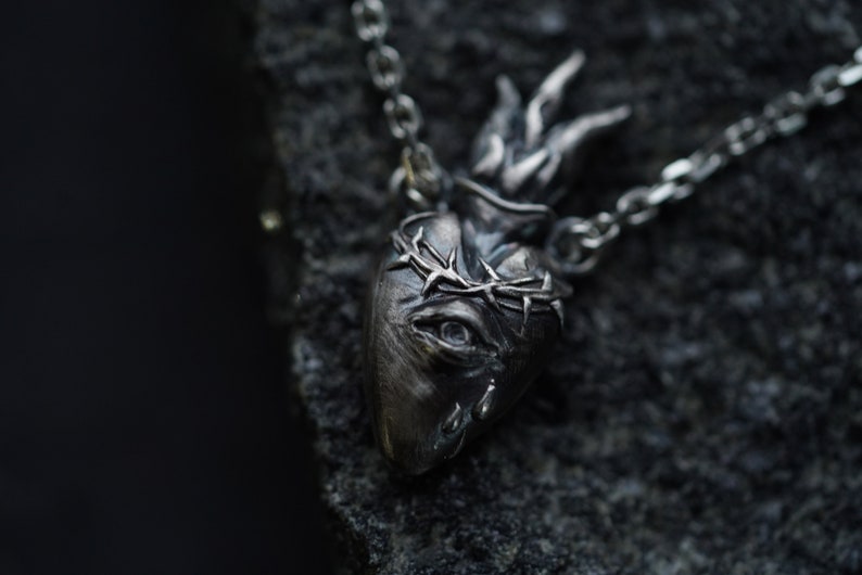 Sterling silver Sacred Heart with thorns necklace Human anatomical heart charm pendant handmade by Ellen Rococo Gothic vampire necklace image 7