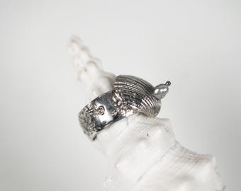 Silver Seashell Ring with Pearl • Sterling Silver Shell Ring • Ocean Inspired Jewelry • Handmade Textured with Salt • Gift for Ocean Lover