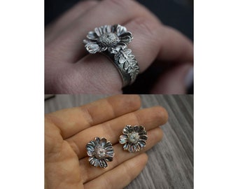 Set Sterling silver fairy flower and fern ring and earrings , elven chamomile, Ostara witches gift