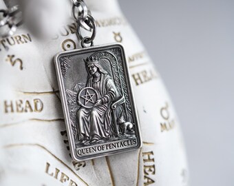 Queen of Pentacles Tarot Pendant – Sterling Silver Tarot Necklace – 1.18 Inch Tarot Card Charm – Spiritual Jewelry – Gift for Her