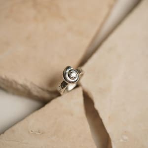 May include: A silver ring with a spiral design, possibly a nautilus shell, set with a small, clear gemstone. The ring sits on a light beige, textured surface, with a crack running through it.