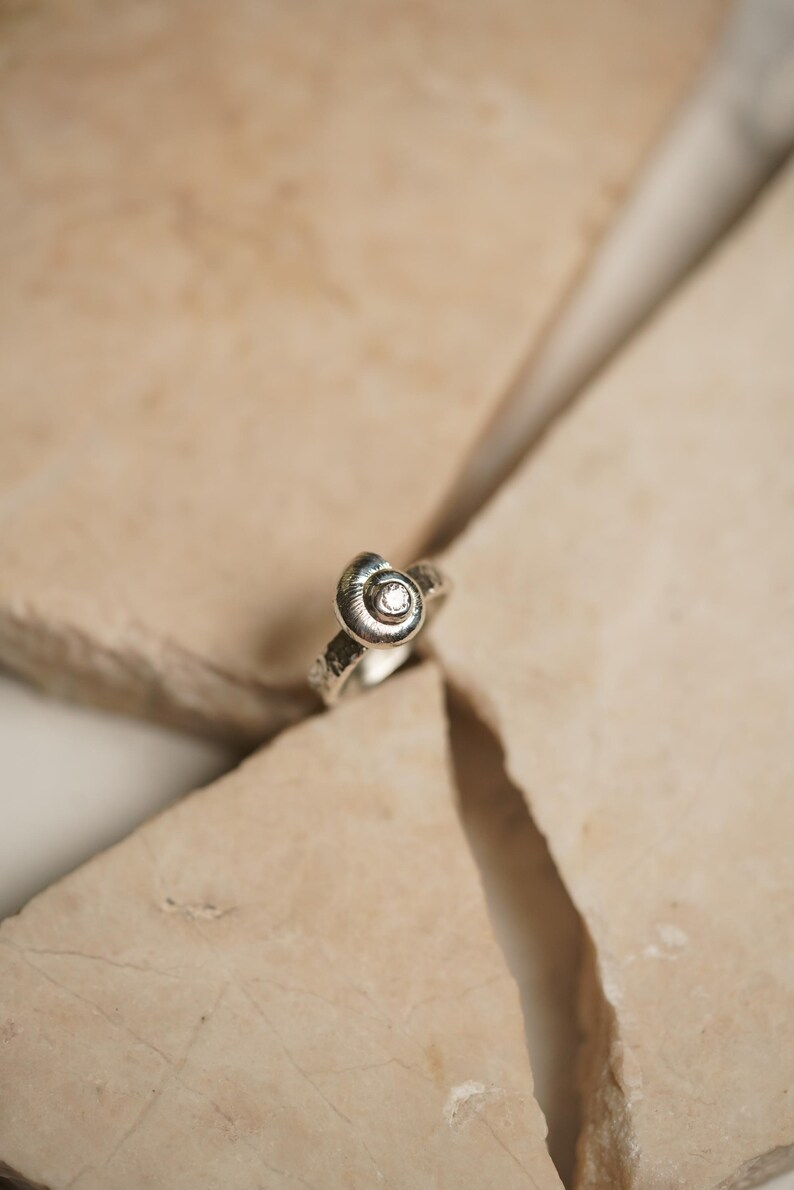 May include: A silver ring with a spiral design, possibly a nautilus shell, set with a small, clear gemstone. The ring sits on a light beige, textured surface, with a crack running through it.