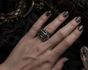 Gothic White Bronze Ring, Organic Sculptural Ring, Dark Botanical Jewelry,  Nature Inspired Ring, Unique Gift