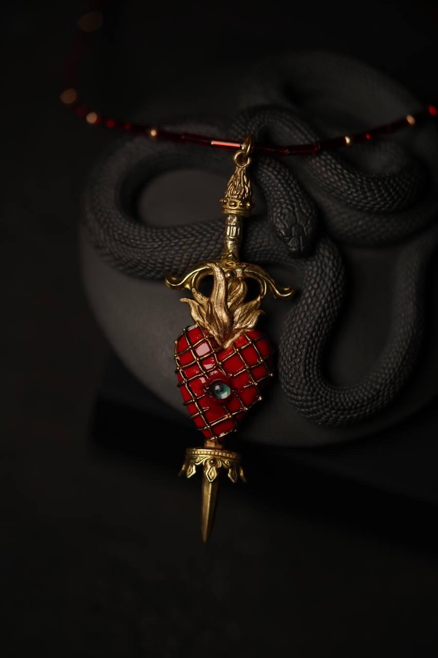 Neo-Gothic Pendant Necklace – Handmade Brass & Polymer Clay with Beaded Chain