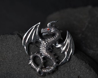 Silver Necklace dragon with red eyes and horn