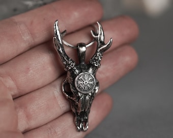 Silver Deer Head Pendant with Vegvisir — Viking Amulet, Nordic Animal Totem Necklace