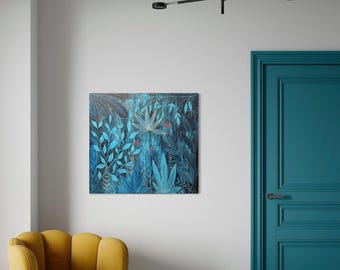 Teal Blue Floral Abstract Art, Contemporary Botanical Painting, Large Canvas Wall Art, Modern Home Decor, Nature Inspired Artwork