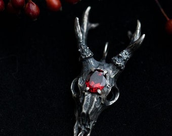 Roe deer skull gothic silver necklace with garnet gem