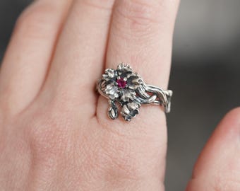 Handmade Sakura Silver Ring with Lab Ruby – Japanese Inspired Floral Ring – Sterling Silver Cherry Blossom Ring – Gift for Her – Size US 8.5