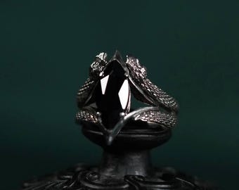 Gothic Snake Ring with Black Morion, Sterling Silver Serpent Ring, Marquise Black Stone Ring, Dark Fantasy Jewelry, Gothic Statement Ring
