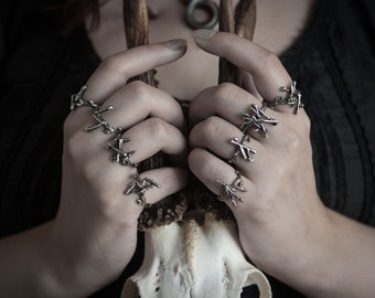 Set of 3 Runes rings from silver branch. Twigs celtic ritual unisex viking jewelry. Pagan druid nordic magic Algiz, Fehu, berkana, Mannaz