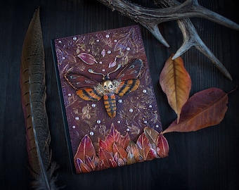 Moth leather journal, Unique magic alchemy book, Custom grimoire polymer clay journal, Butterfly accessory.