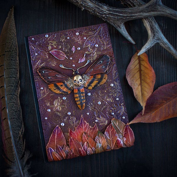 Moth leather journal, Unique magic alchemy book, Custom grimoire polymer clay journal, Butterfly accessory.