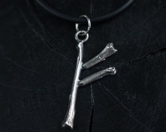 Viking rune fehu pendant for wealth and money, Sterling silver necklace from small bones, Nordic futhark, Pagan runic talisman and amulet