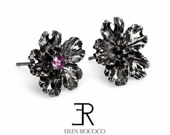 Asymmetrical Sakura Flower Stud Earrings, Sterling Silver Cherry Blossom Earrings, Mismatched Floral Earrings, Gothic Silver Jewelry