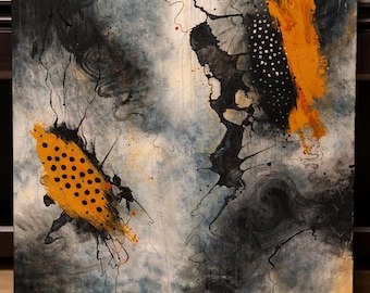 Modern Abstract Wall Art, Gray Blue and Orange Acrylic Painting, Contemporary Home Decor Canvas