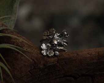 Silver Skull Flower Ring Gothic Botanical Ring Handmade Sterling Silver Statement Ring Dark Floral Jewelry