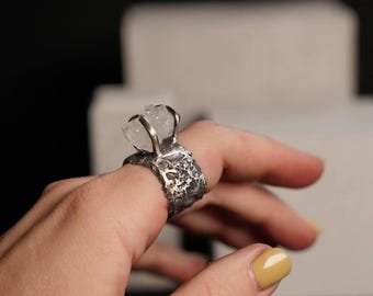 Rock Crystal Silver Ring, Textured Statement Ring, Gothic Nature Jewelry, Size 8