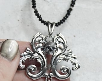 Gothic Skull Necklace Sterling Silver, Black Morion Pendant, Black Onyx Beaded Necklace, Dark Baroque Jewelry, Gothic Amulet