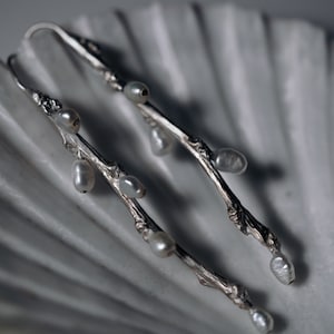 Elegant Silver Twig Earrings with Pearl - Botanical Statement Earrings-Delicate Nature-Inspired Jewelry-Handcrafted Dainty Jewelry