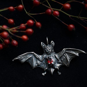 Gothic silver necklace bat witj garnet gem, Vampire pendant