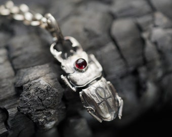 Sterling silver scarab necklace with garnet gem stone engraved with ankh symbols