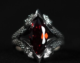 Gothic Snake Ring with Marquise Garnet, Sterling Silver Serpent Ring, Dark Fantasy Jewelry, Red Garnet Ring, Gothic Statement Ring