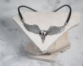 Raven necklace silver, Wings gothic pendant, Crow skull, Feather jewelry, Bird skull necklace