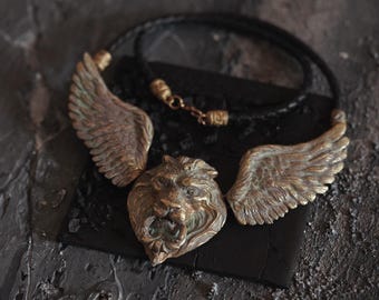 Winged Lion Necklace, Gothic Lion Pendant Necklace, Brass Lion Head Jewelry, Fantasy Lion Jewelry, Gothic Statement Necklace, Mythical Lion