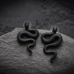 Può includere: Un paio di orecchini a forma di serpente nero su una roccia grigia. Gli orecchini sono realizzati in resina nera e hanno la forma di un serpente arrotolato.