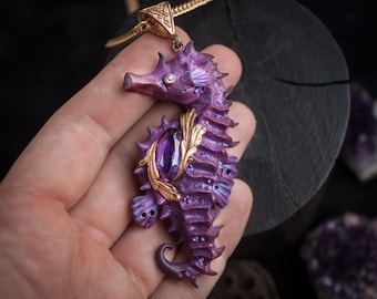 Polymer clay sea horse statement necklace with amethyst crystal. Mermaid sea pendant. Ooak handmade unique jewelry.