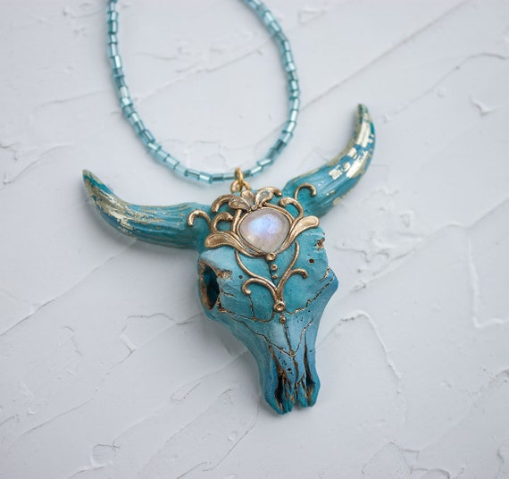 Turquoise Bull Skull Boho Necklace 