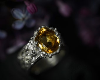 Statement silver ring with clear yellow citrine gem