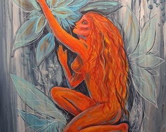Red Hair Woman Original Painting, Blue Botanical Art, Nude Female Figure, Acrylic Canvas, Contemporary Symbolic Wall Art