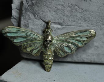 Gothic Death Moth Pendant with Skull, Realistic Brass Moth Necklace, Patina Brass Jewelry, Dark Nature Pendant, Handmade Gothic Jewelry, One