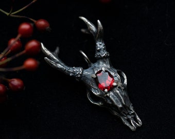 Roe deer skull gothic silver necklace with garnet gem