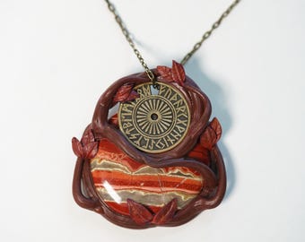 Handcrafted Polymer Clay Pendant on Landscape Jasper with Runic Coat of Arms and Brass Accents – Unique Norse-Inspired Jewelry
