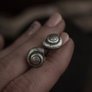 Puede incluir: Un par de pendientes de plata en forma de caracol. Los pendientes son pequeños y delicados, con una superficie texturizada.