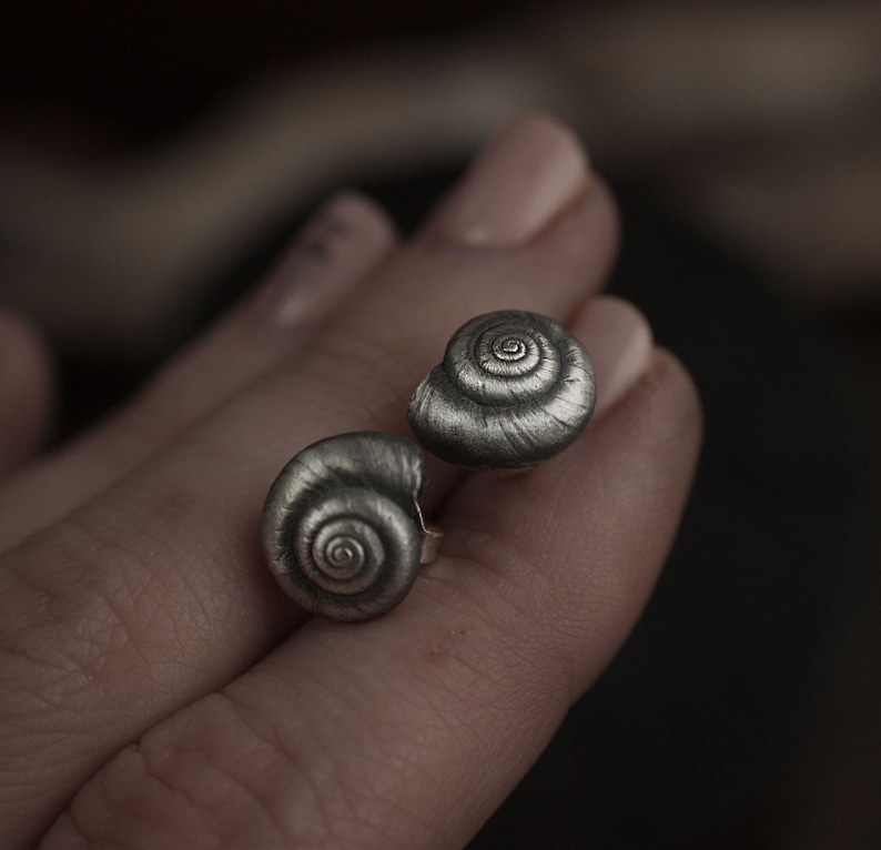 May include: A pair of silver snail-shaped earrings. The earrings are small and delicate, with a textured surface.