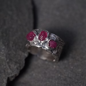 Statement large ring from silver witch three raw rubies. OOAK
