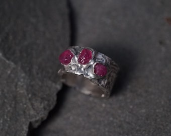 Statement large ring from silver witch three raw rubies. OOAK