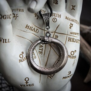 May include: A silver pendant in the shape of a snake biting its tail, known as the ouroboros, on a white hand with palmistry markings. The pendant is hanging from a black cord.