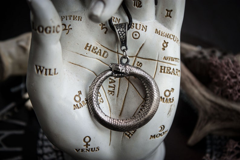 May include: A silver pendant in the shape of a snake biting its tail, known as the ouroboros, on a white hand with palmistry markings. The pendant is hanging from a black cord.