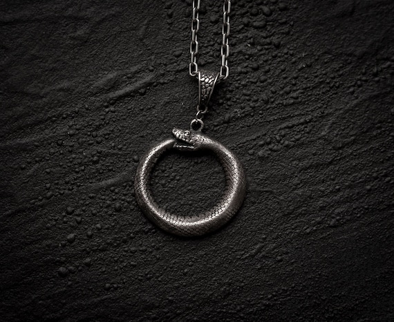 silver Ouroboros snake pendant, Gothic alchemy occult necklace by Ellen Rococo