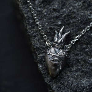 Sterling silver Sacred Heart with thorns necklace Human anatomical heart charm pendant handmade by Ellen Rococo Gothic vampire necklace image 5