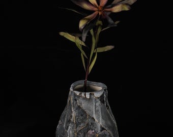 Handmade Black Vase with Gold Cracks and Amethyst Crystal — Unique Geode Decor Piece
