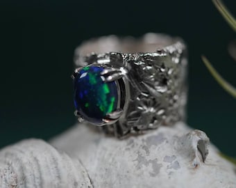 Sterling Silver Fossil Texture Ring with Ethiopian Black Opal, Natural Black Opal Ring, Fossil Inspired Jewelry, Statement Silver Ring