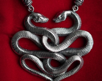 silver Ouroboros snake necklace with black pearl , Gothic alchemy occult necklace by Ellen Rococo