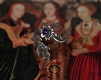 Silver Thistle Ring with Amethyst • Botanical Jewelry • Scottish Flower Ring • Nature Inspired Adjustable Ring