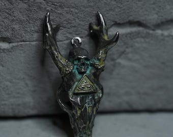 Brass Deer Skull Pendant with Patina, Occult Eye Necklace, Gothic Antler Skull Charm, Unique Handmade Talisman, Rustic Dark Jewelry